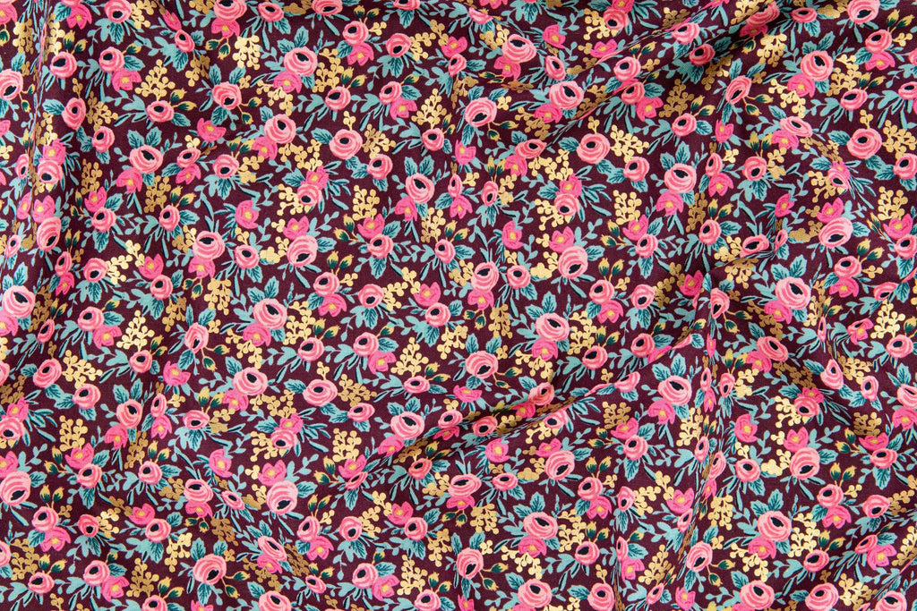 Cotton + Steel Fabrics | Rifle Paper Company | Garden Party | Metallic Burgundy Rosa