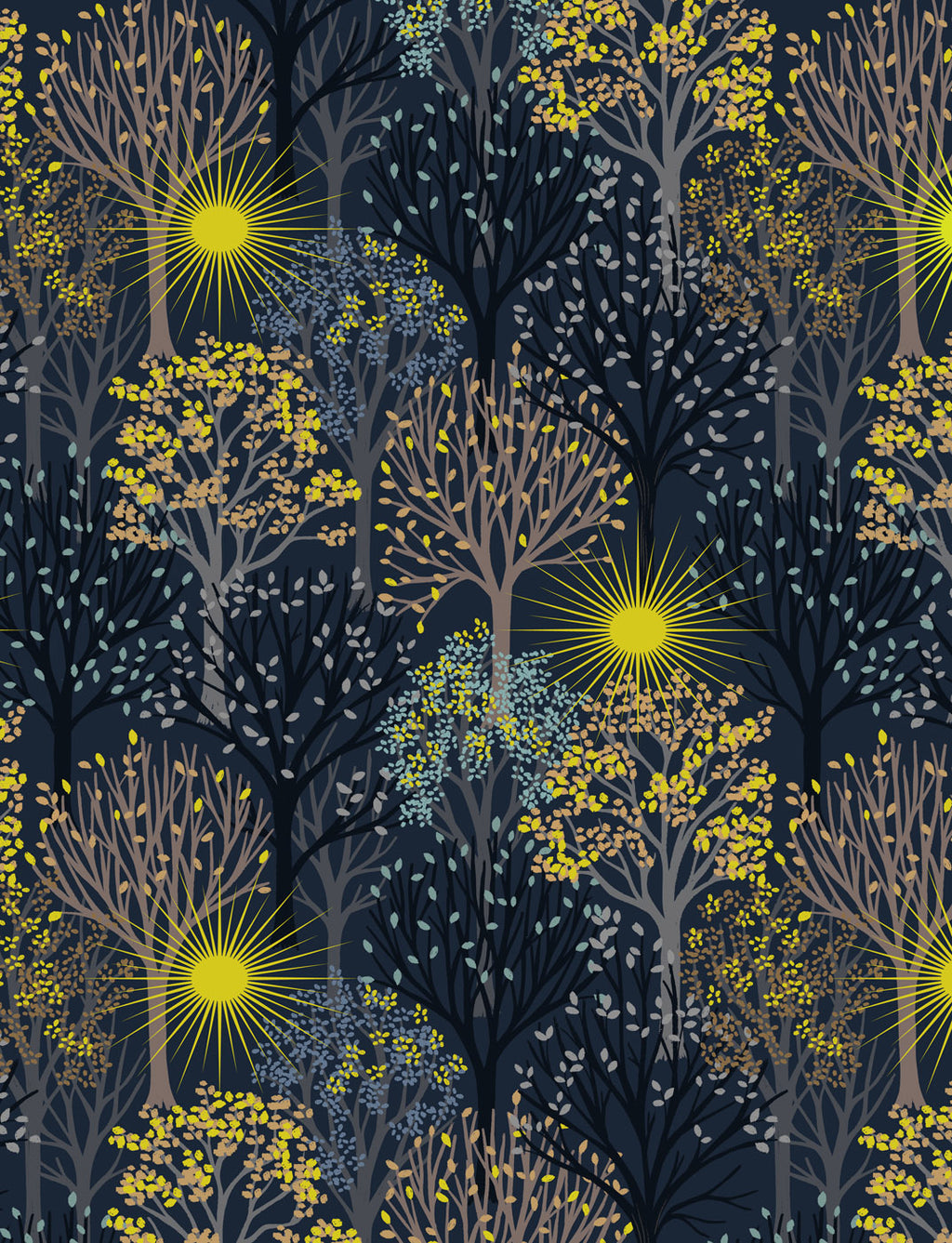 Lewis & Irene | Winter Solstice | trees on midnight blue (with gold metallic) - L56C