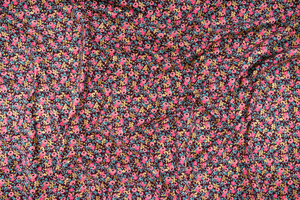 Cotton + Steel Fabrics | Rifle Paper Company | Garden Party | Metallic Burgundy Rosa