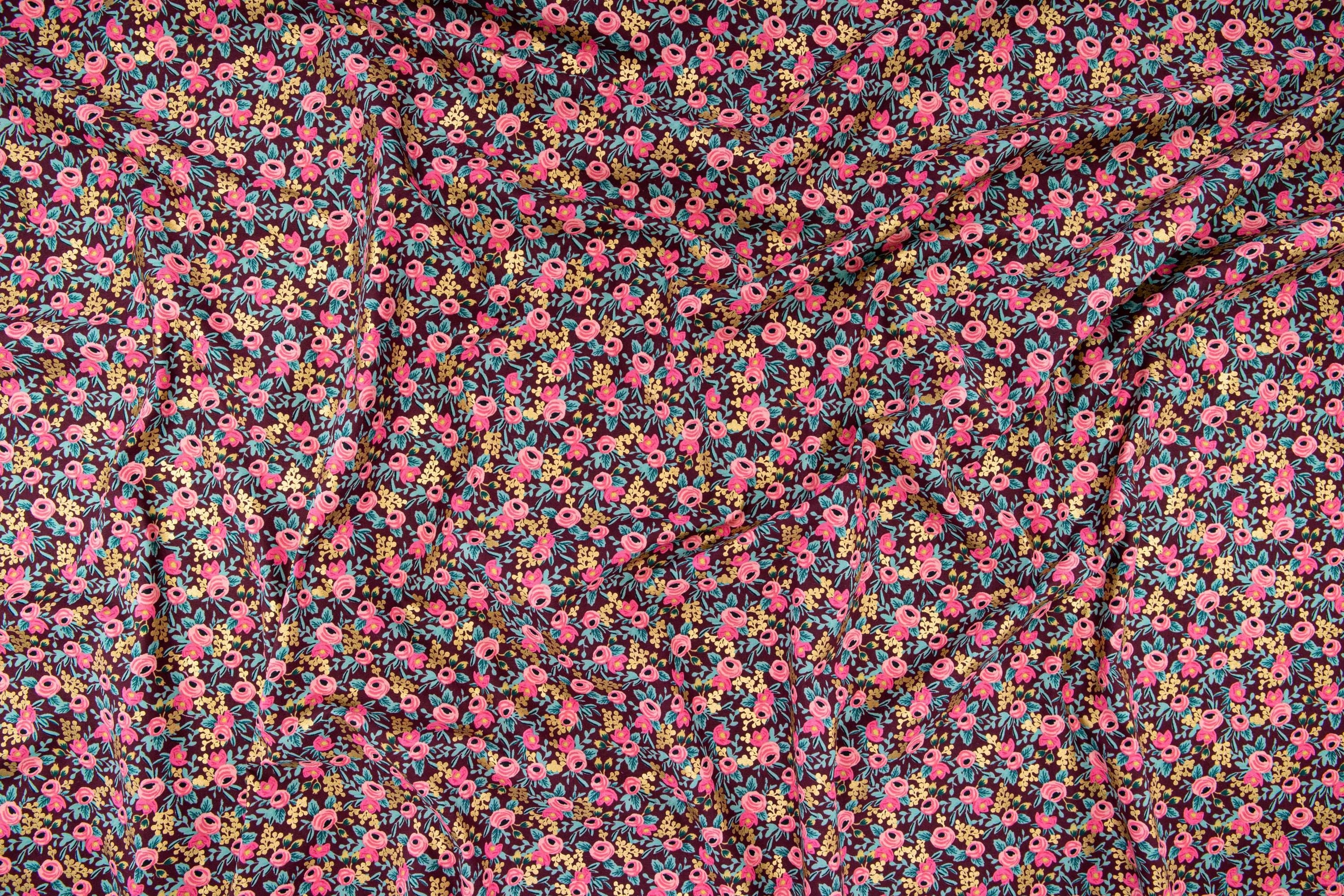 Cotton + Steel Fabrics | Rifle Paper Company | Garden Party | Metallic Burgundy Rosa
